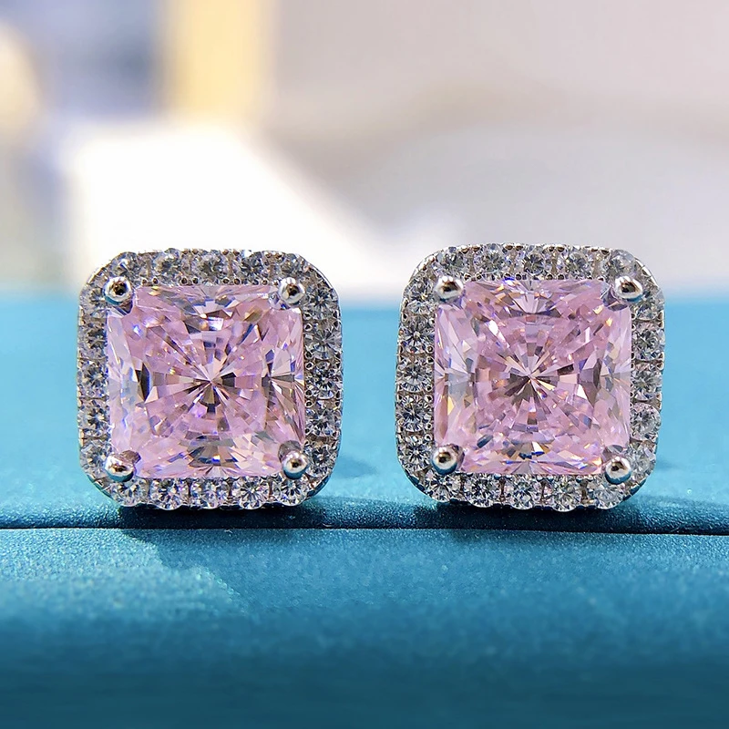 OEVAS 100% 925 Sterling Silver 7*7mm Pink Yellow High Carbon Diamond Stud Earrings For Women Sparkling Wedding Fine Jewelry Gift