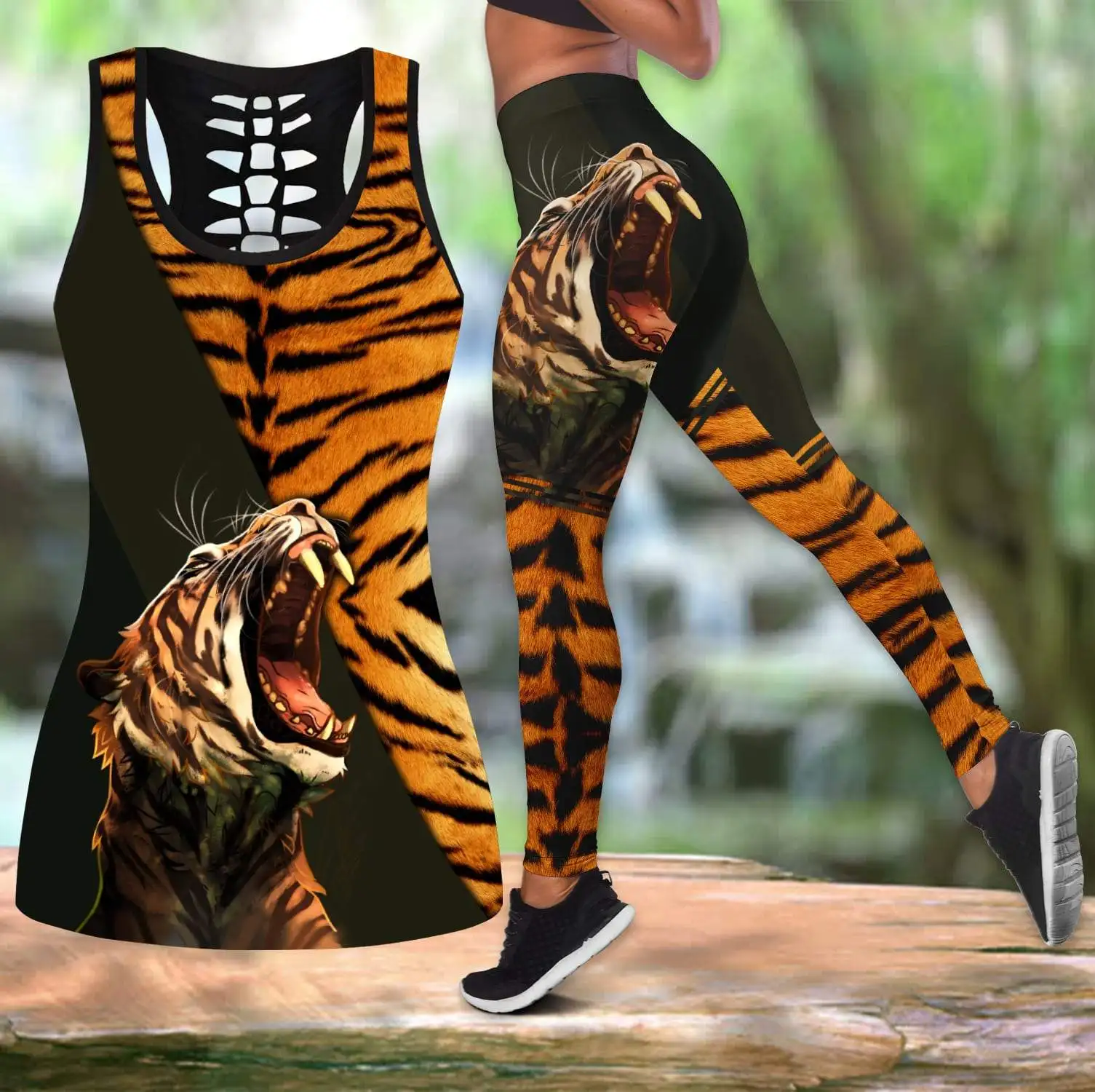 Potente camiseta sin mangas hueca con estampado 3D de tigre gritando y conjunto de mallas deportivas para mujer, mallas de longitud completa, pantalones para correr DDK61
