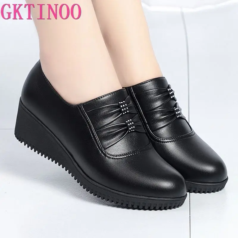 GKTINOO 2024 Wedges Women Shoe Autumn Winter Slip-On High Heels Round Toe Genuine Leather Casual Ladies Platform Shoes Woman