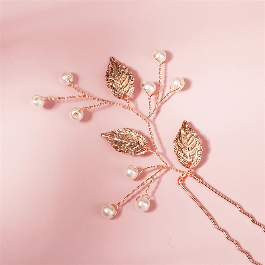 Rose Gold Color Leaf Pearl Hair Pin Wedding Hair Accessories Bridal Clip Head Jewelry for Women Bride Headdress Bridesmaid Gift