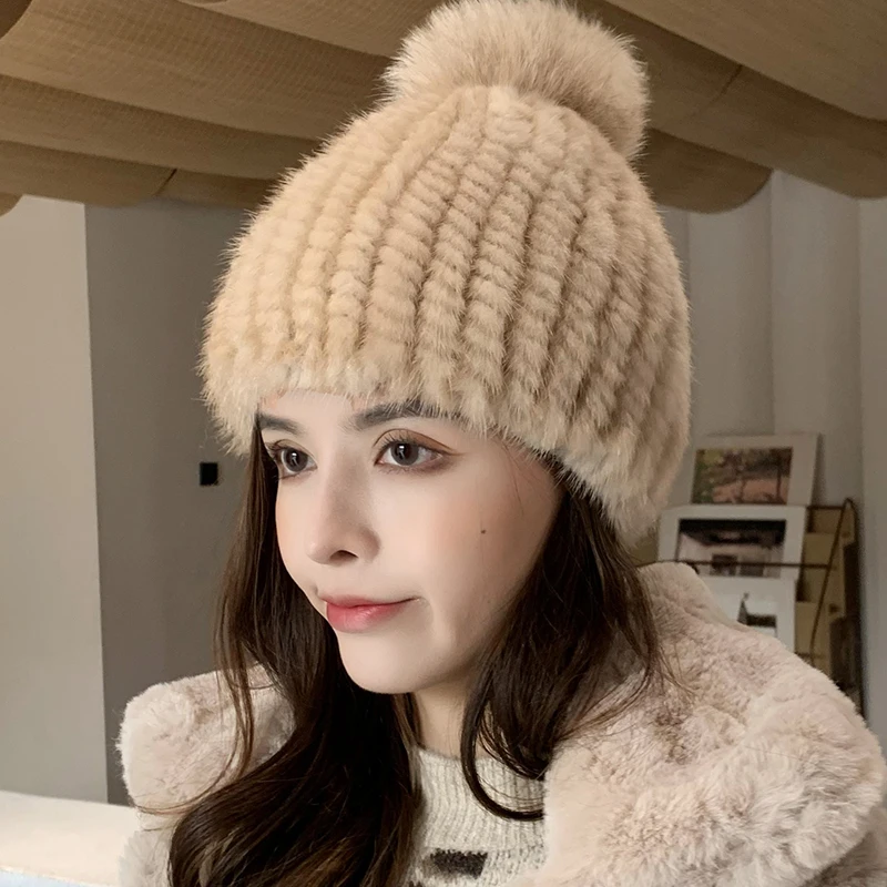 ZDFURS*Winter warm female money mink fur knitting hat mink badminton ball cap fox fur hat