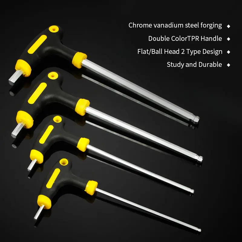 T-shape Inner Hexagon Wrench Flat/Ball  Head Labor-saving Wrench with TPR Handle T Type Inner Hex Wrench CR-V Forged Tools