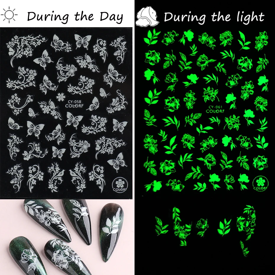 9 Stks/set Lichtgevende Effect Nail Stickers Vlinder Bloem Blad Ontwerp Lente Decals Gloeien In Het Donker Sliders Wraps GLCY055-063