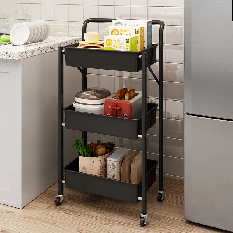 Installation-free Cart Rack, Portable Foldable Storage Three-layer Storage Rack for Kitchen and Bathroom Storage Organizer 2021