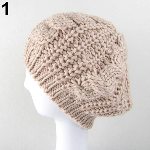 Women Sweet Crochet Warm Solid Color Beret Artist Baggy Beanie Winter Hat Gift