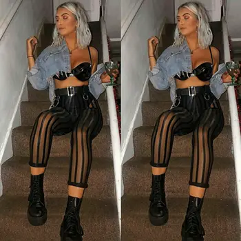 Hirigin סקסי גבירותיי נשים Mesh Sheer לראות דרך פסים חותלות גבוהה מותן Bodycon פרספקטיבת Slim צועד מכנסיים מכנסיים