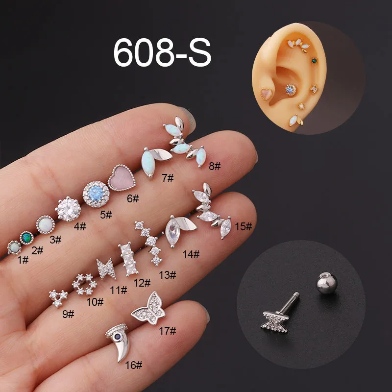 Boucle d'Oreille en Acier Inoxydable, Piercing Cartilage, Forme Géométrique, Opale, Tragus, Helix, Vis Arrière, 16G