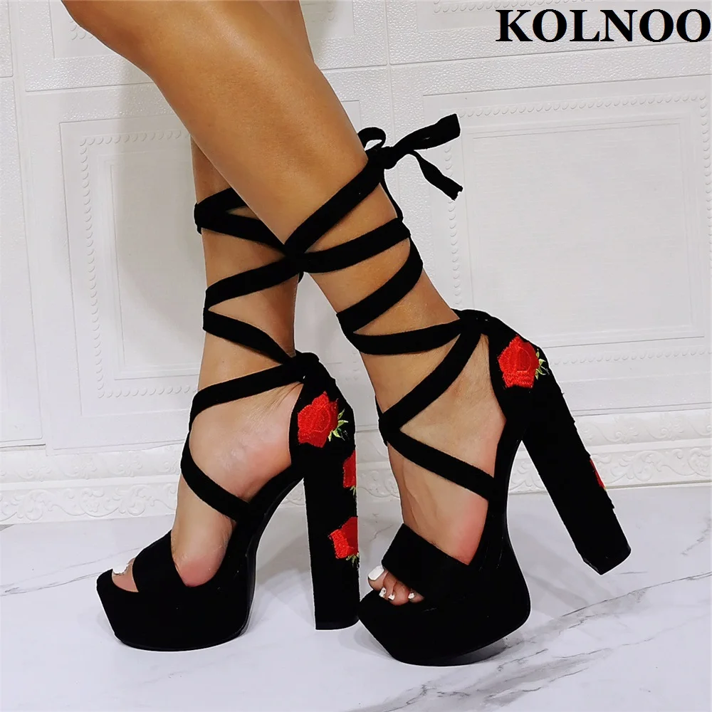 Kolnoo New 2022 Ladies Chunky Heel Handmade Sandals Faux Kid-suede Leather Real Photos Flowers Cross Straps Fashion Black Shoes