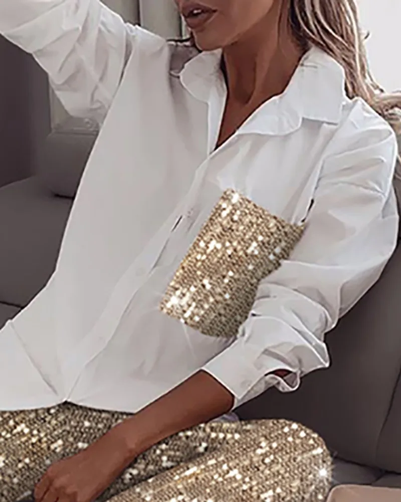 Women Fashion Sequin Two Piece Set Long Sleeve Womens Tops And Blouses Femme Two Piece Outfits Elastic Waist Long Pants Sets