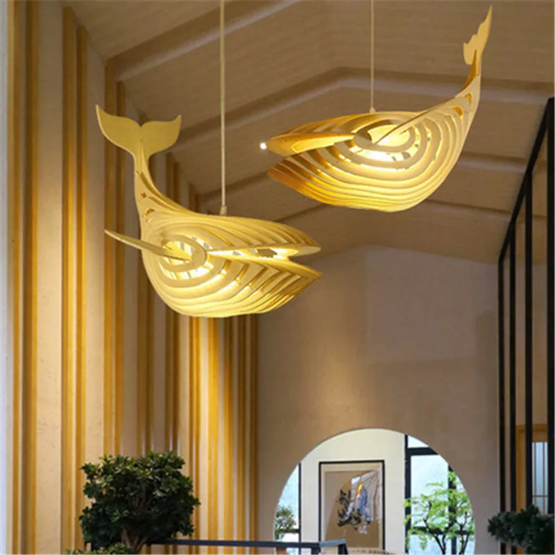 Nordic wood chandelier lighting E27 fish chandeliers design Whale Light for Kids Room Japanese Sushi Bar minimalist decor light