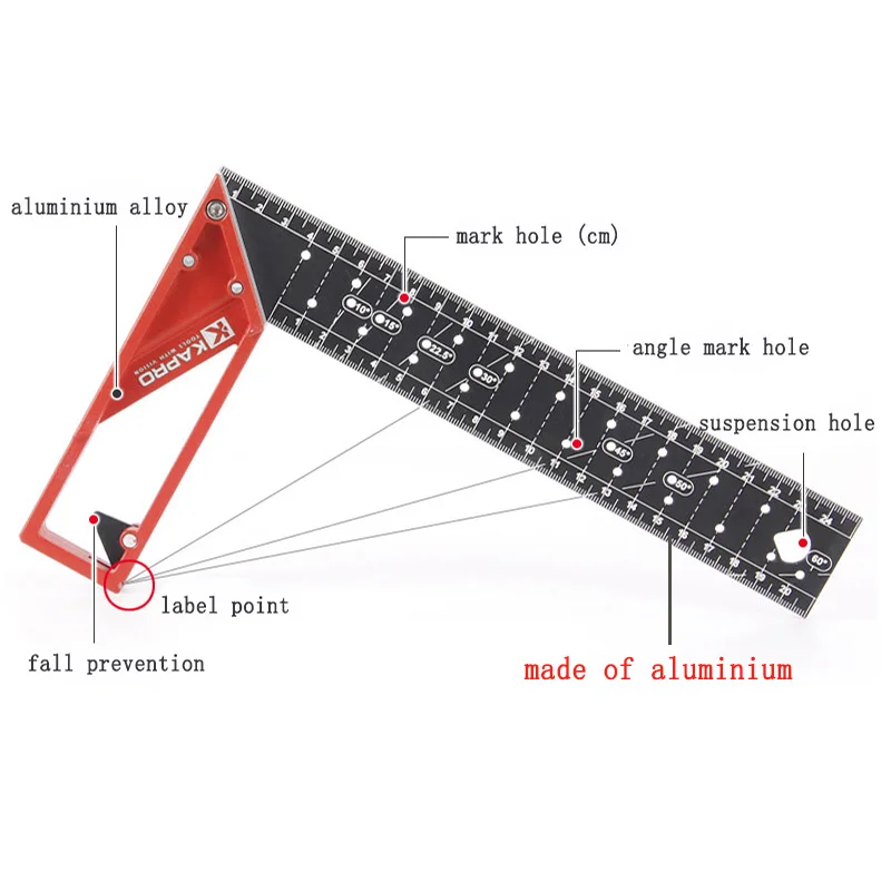 Kapro 354 45/90 Degree Triangle Square Ruler Woodmarking ruler Right angle ruler with hole 25/30/40cm aluminum alloy