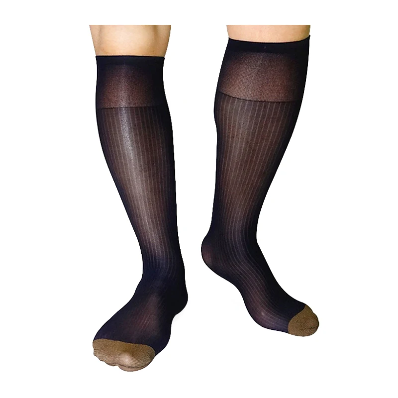 New Style Men Nylon Silk Socks Striped Male Formal Dress Suit Socks Toe Blue Toe Sheer Sexy Socks Black White Navy