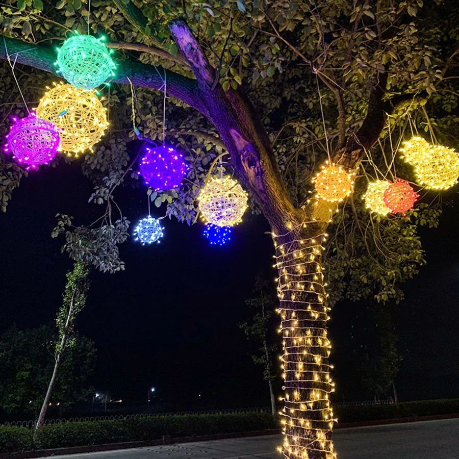 LED 20CM 30CM Outdoor Rattan Ball Fairy Garden String Lights Christmas Trees Hanging Garland Lights For Xmas Party Wedding Decor