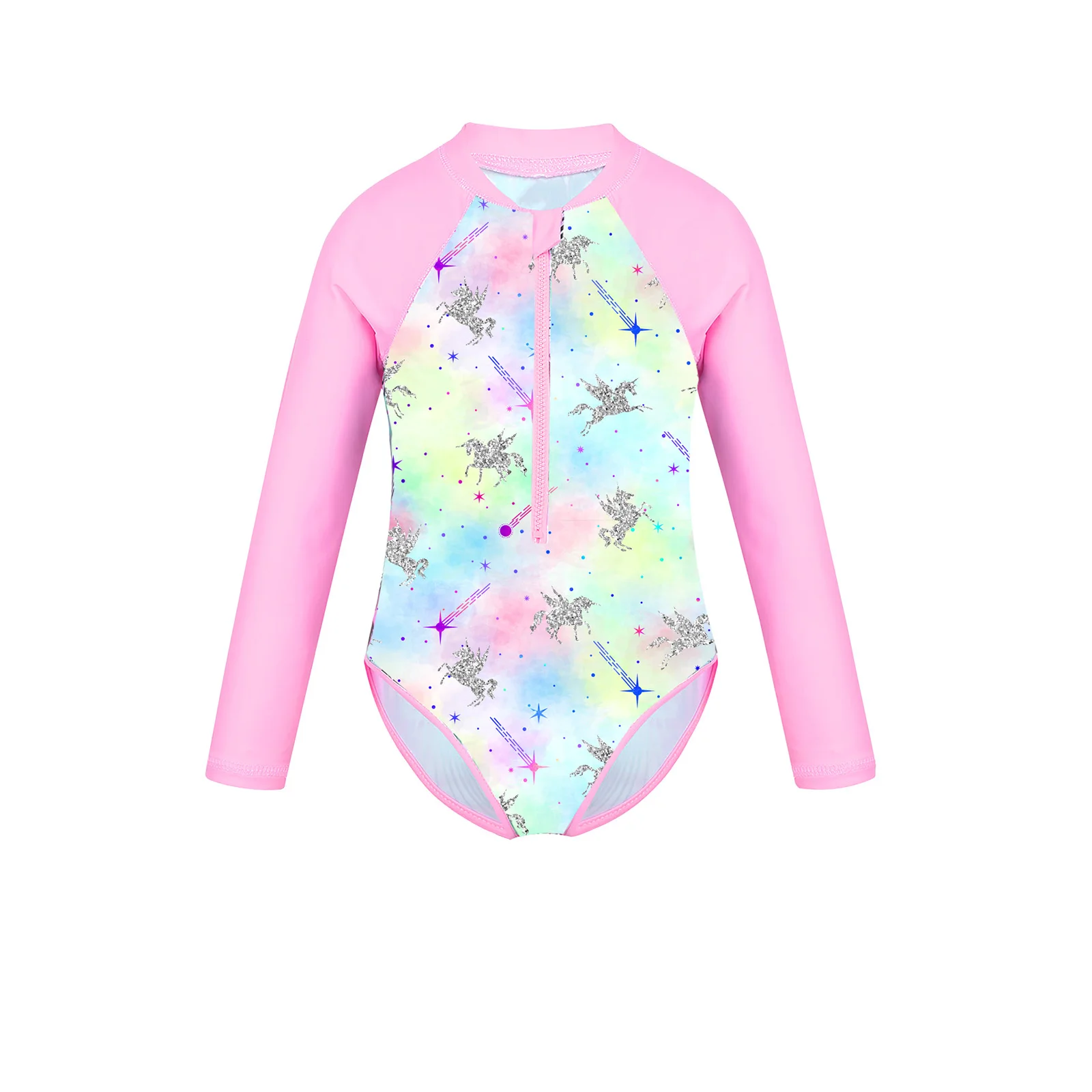 Kids Girls Children Swimwear Beachwear Long Sleeves Palm Printed Zippered Swimsuit Children Swimming Bathing Suit Rash Guard