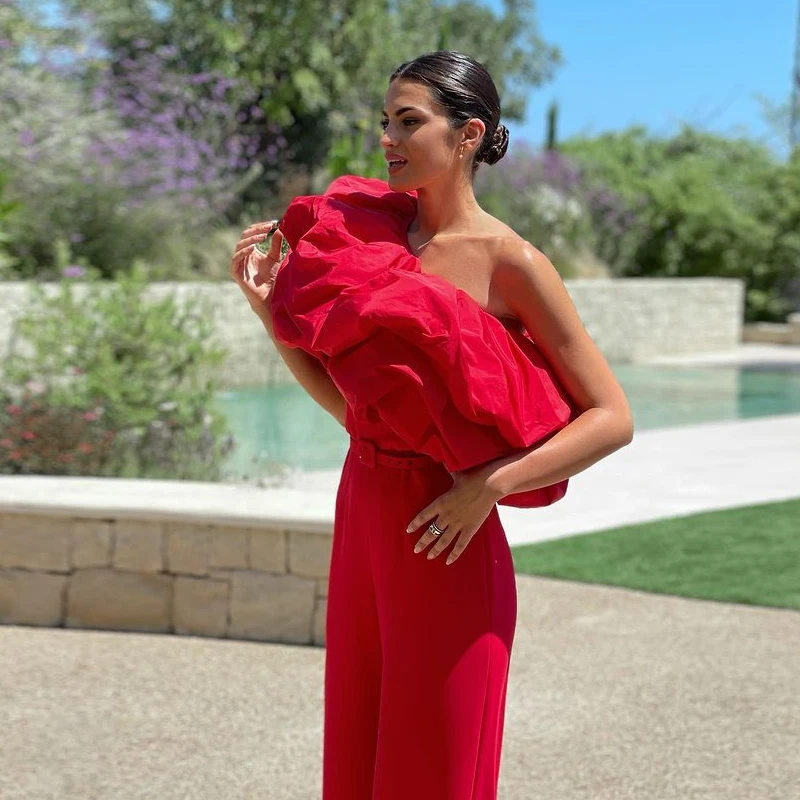 Red One Shoulder Jumpsuit Prom Dresses with Belt Outfit Cocktail Party Gown Simple Womens Bodysuit