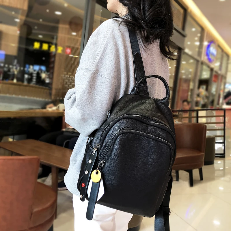 Luxury Fashion Women Black Soft Shoulder Backpack Bag Teenage Girls 10 Inch Genuine Leather Travel Waterproof Back Bags 2021 NEW