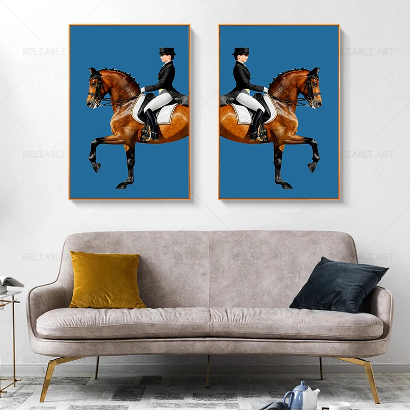 Abstract Classic Horse Orange Horse Racing Canvas Painting Wall Art Riding Woman Wall Pictures for Living Room Home Decoration