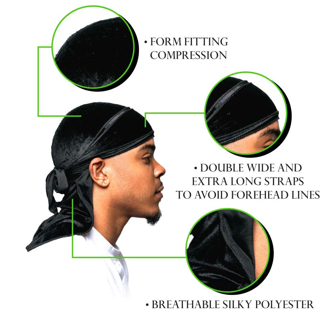 Superior Velvet Fabric Durag Hair Accessories Bonnet Satin Multiple Colors Turban Cap Headwear Hats Long Straps Beanie For Adult