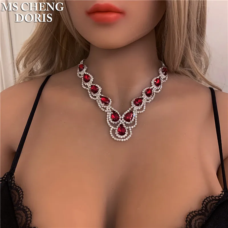 Luxury Royal Blue Crystal Bridal Jewelry Sets Rhinestone Statement Choker Necklace Earrings Women Wedding Jewelry Sets