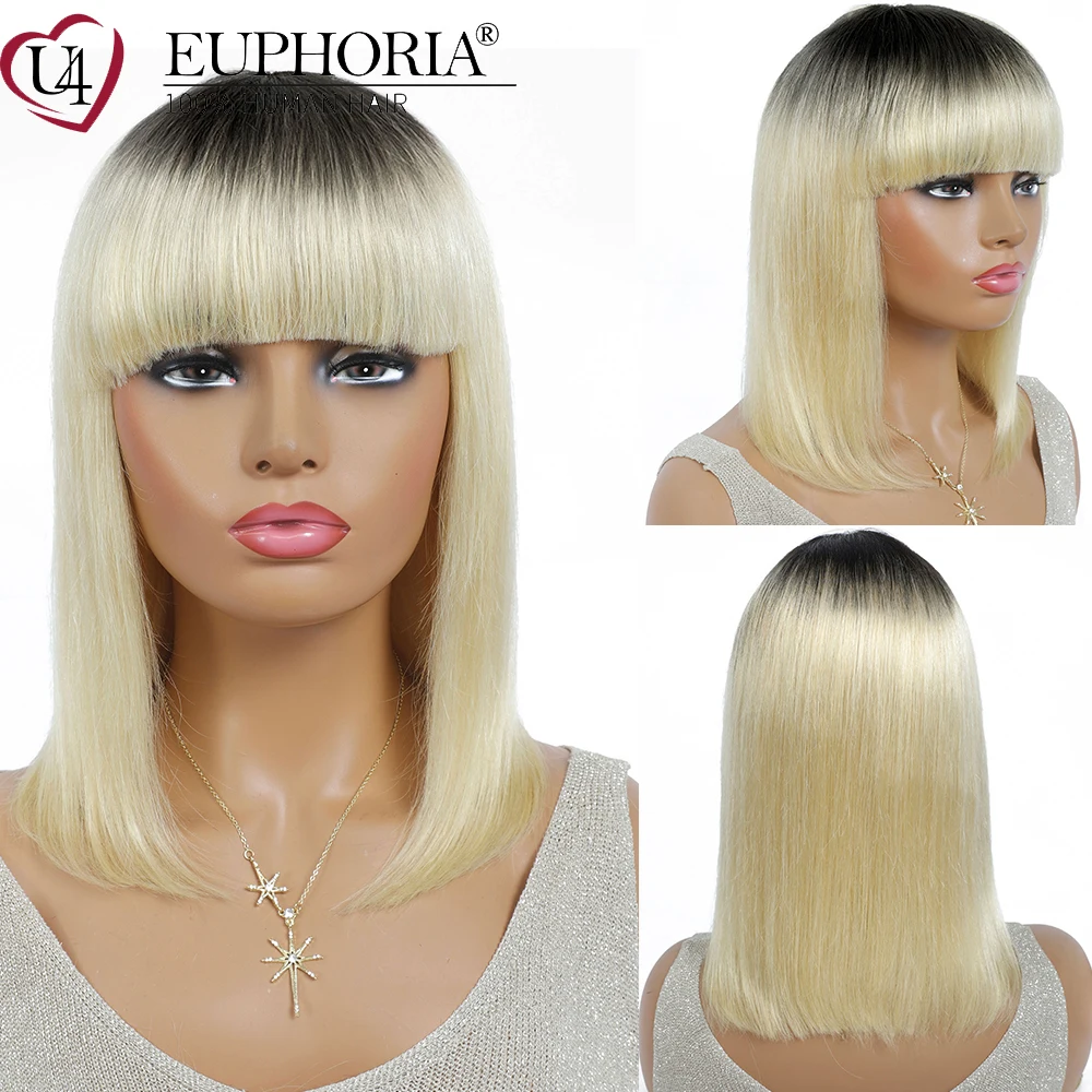 Blonde 613 Straight Hair Bob Wigs Brazilian Remy Human Hair Full Machine Non Lace Wigs With Bangs Ombre Platinum 8-28In EUPHORIA