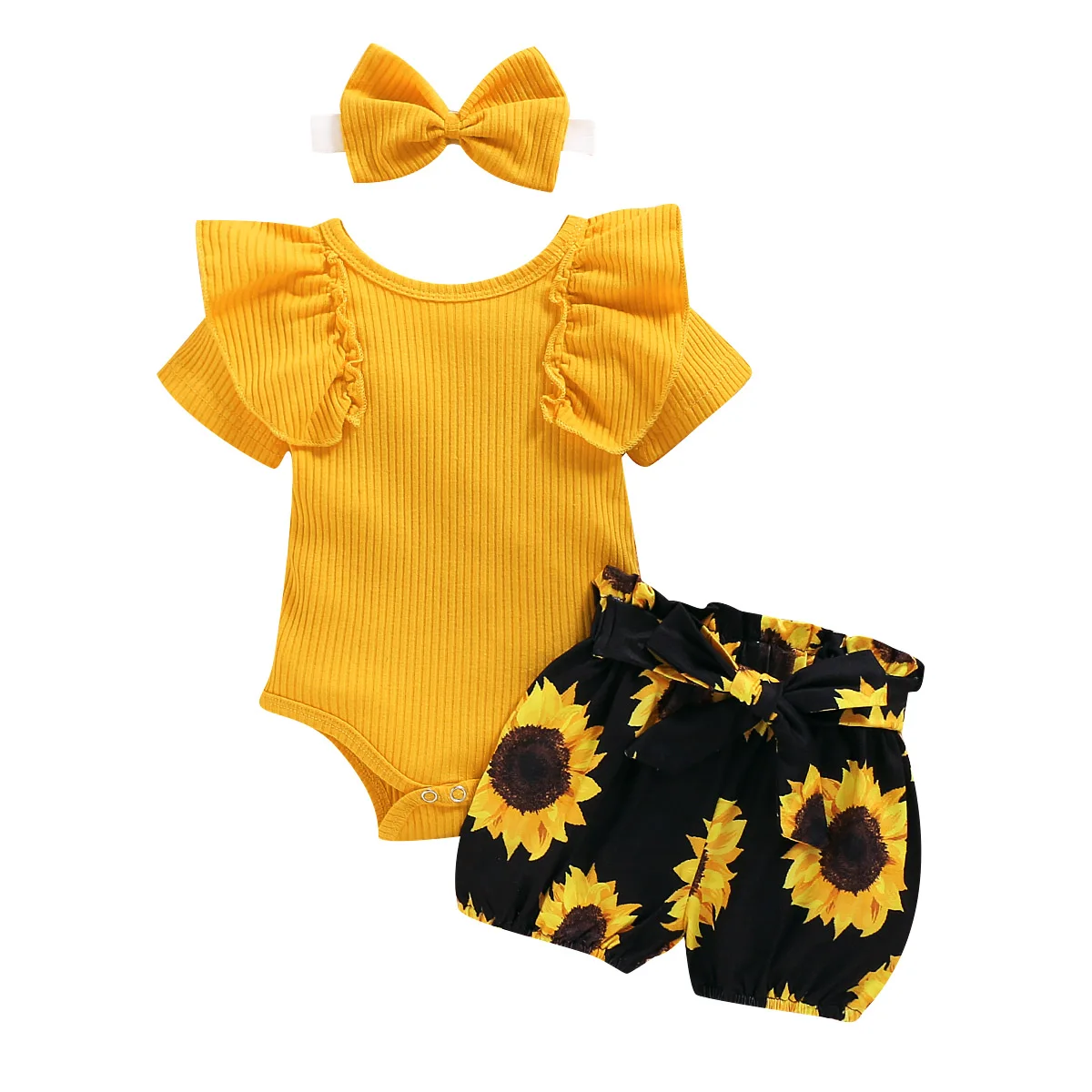 Lioraitiin 0-24M Newborn Infant Baby Girl Clothing Set Short Sleeve Yellow Solid Romper Top Sumflower Printed Shorts 3Pcs Outfit