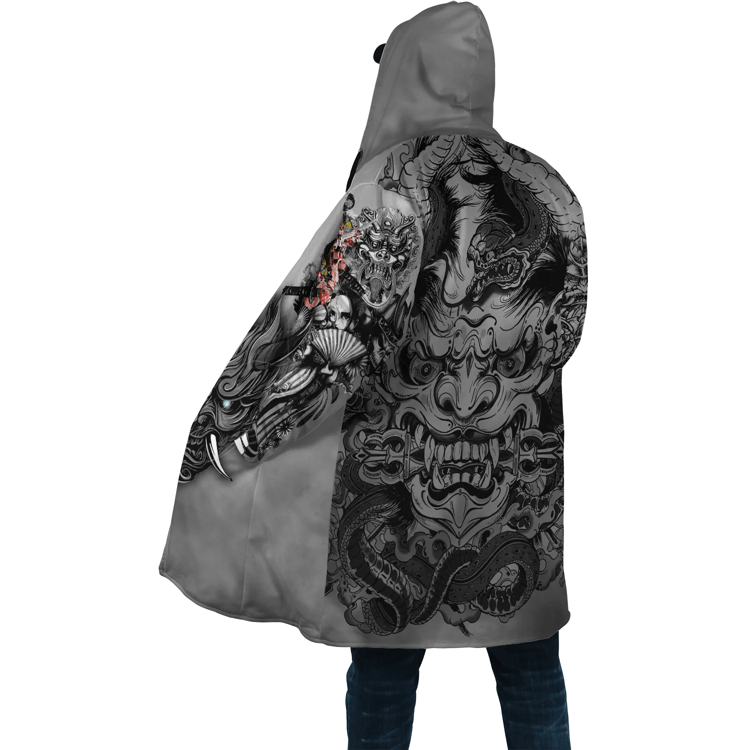 Capa de moda de invierno para hombre, capa con capucha de lana gruesa con estampado 3D de tatuaje de samurái, Geisha y León, capa cálida informal Unisex DP07