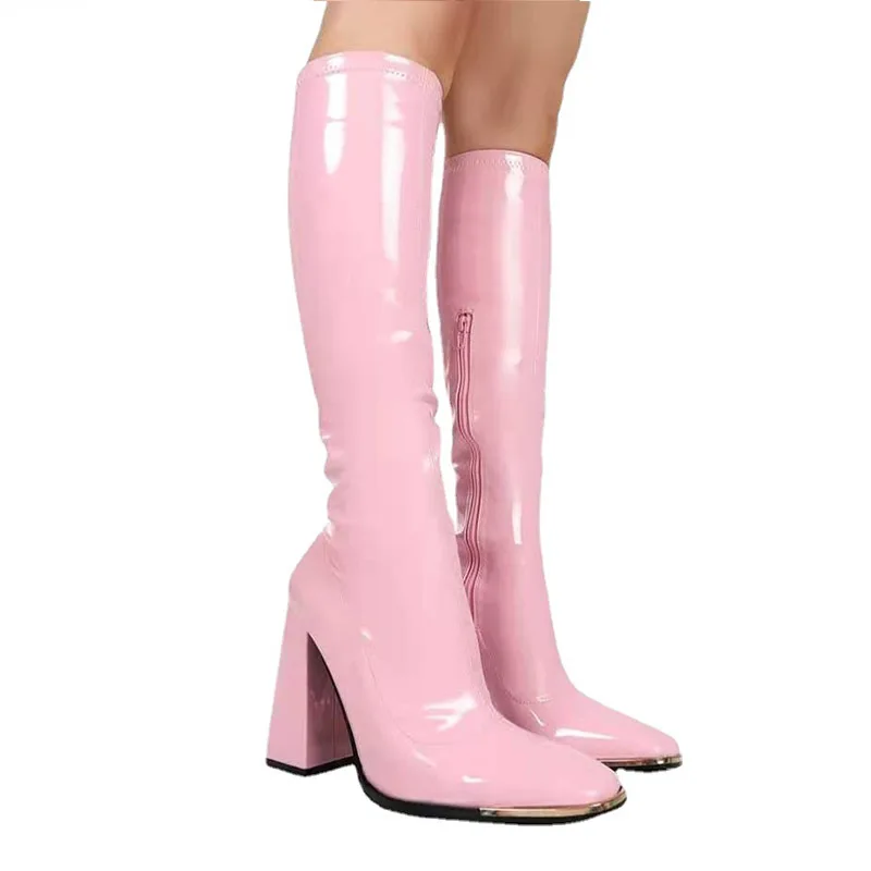 Bottes montantes à talons hauts et carrés pour femmes, chaussures de Club, en cuir brillant, à fermeture éclair latérale