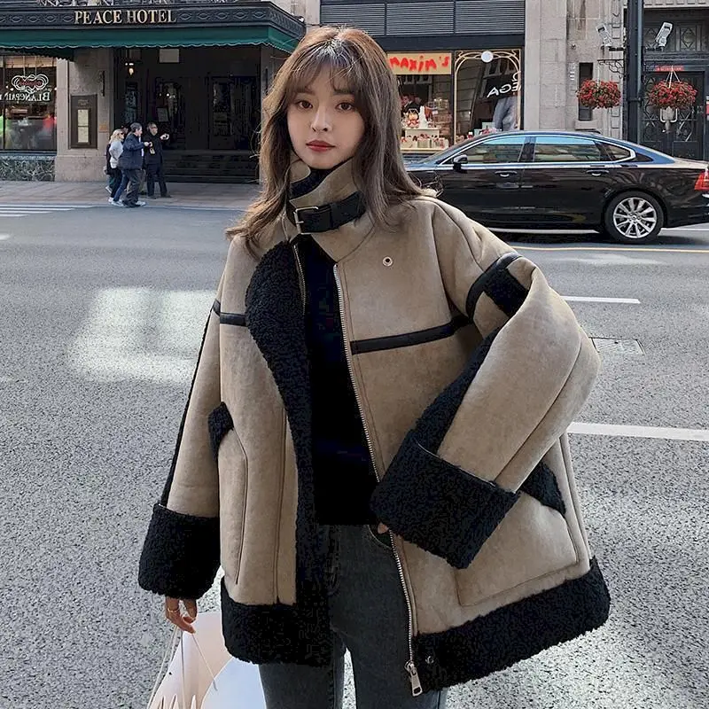 

Lamb Wool Coat Women 2024 New Locomotive Short Autumn Winter All-match Plus Velvet Thick Fur Lamb Wool Colorblock Casual Jacket