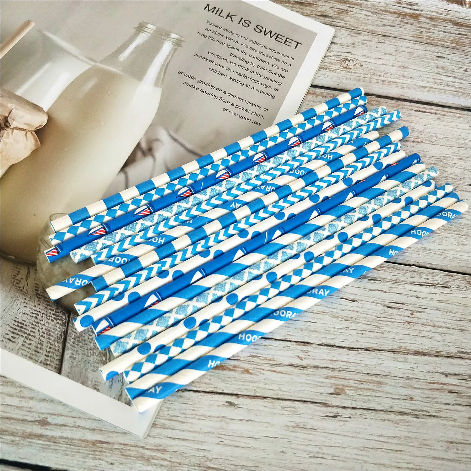 Ideaco Biodegradable Blue Paper Straws Bulk, Pack of 100 Blue damask, diagonal,dot,chevron,sailor ,diamond Paper  Straws