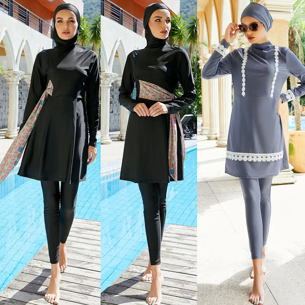 

2024 New Long Sleeve Solid Muslim Swimwear Women Swimsuit Burkini 3 Pieces Tops Pants Cap Modest Swimming Beach Wear Islam Suits