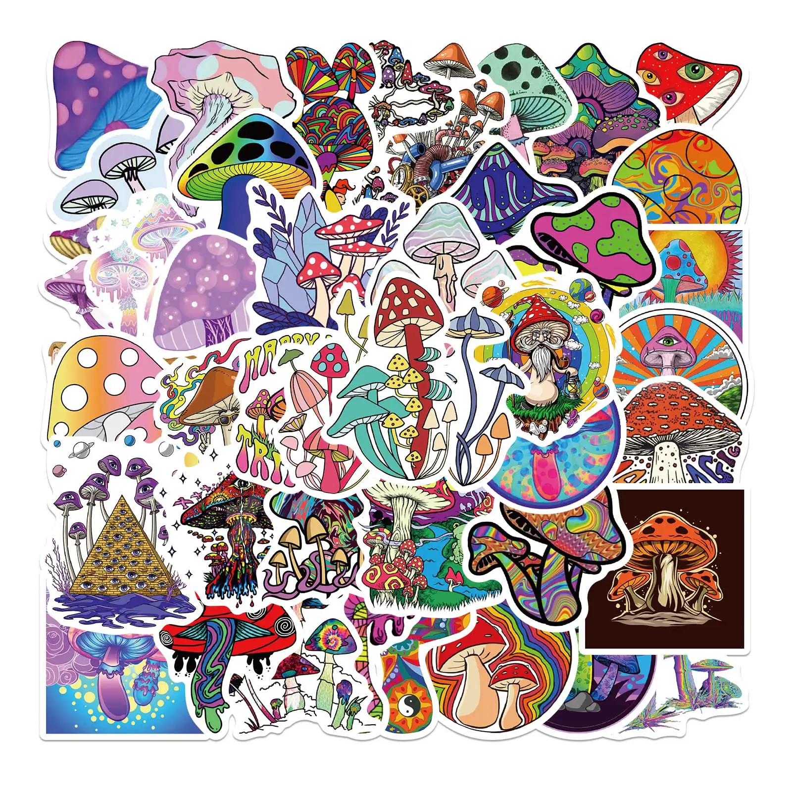 50PCS Cartoon Psychedelic Mushroom Sticker Cute Color Magic Plant Funny Anime Stickers Phone Laptop Scrapbooking Stickers