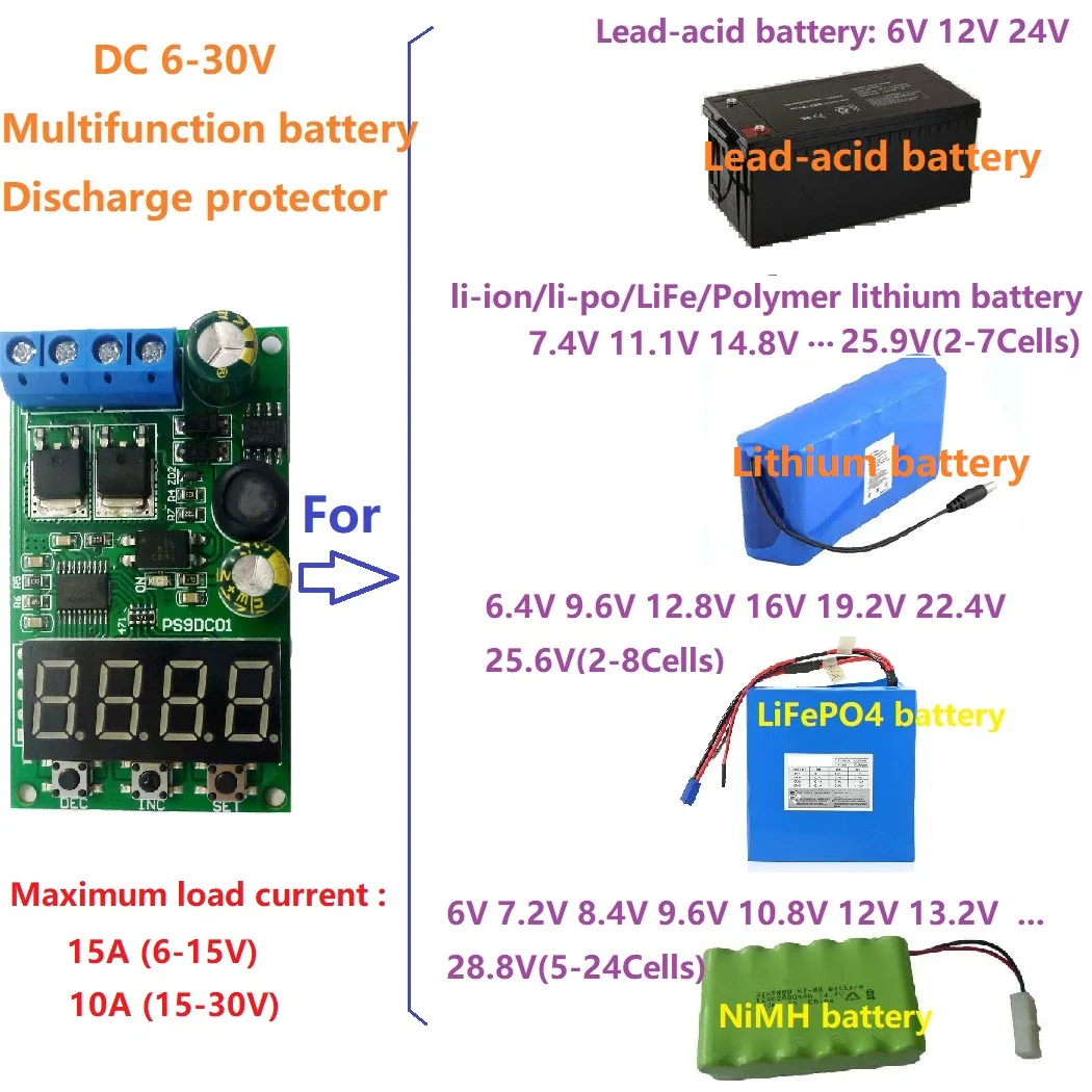 1 PCS 15A DC 6-30V Lead-acid NiMH LiFePO4 Li-ION Li-PO LiFe polymer lithium battery discharge protection board Module