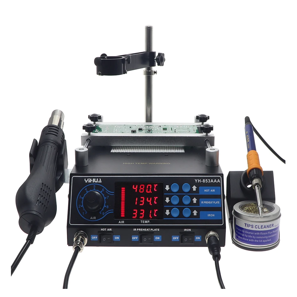 YIHUA 853AAA 3in1 PCB Preheater Soldering Station BGA Rework Station Soldering Iron Heat Gun Welding Station 110V 220V