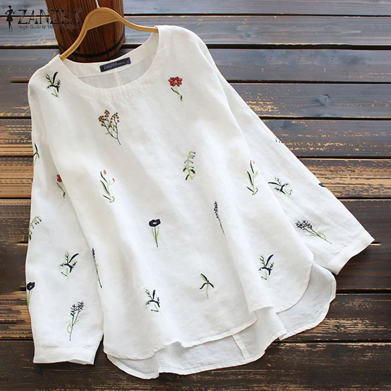 2023 ZANZEA Casual Tops Women\'s Summer Tunic Vintage Linen Blouse Female Lapel Work Blusas Elegant Female Long Sleeve Shirts
