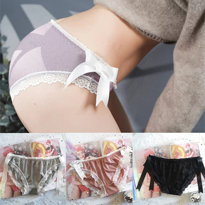 

5 Colors/Japanese Cute College Style New Ice Silk Briefs Female Bowknot Fake Lace Satin Court Style Kawaii Lace Edge Sexy Pantie