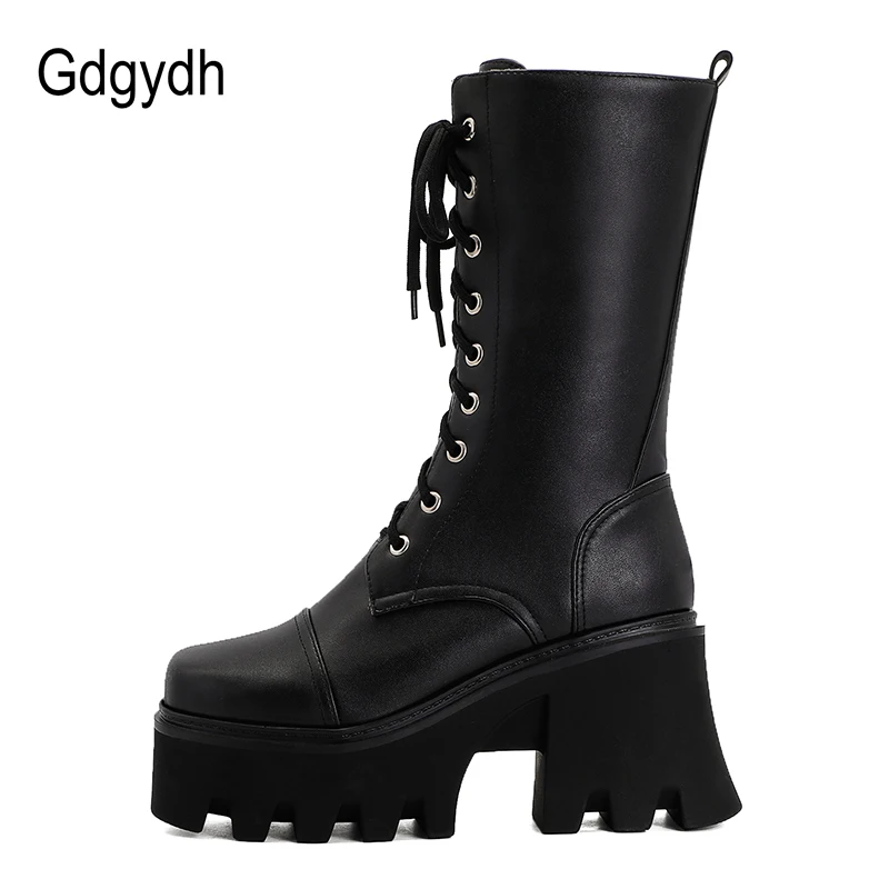 Gdgydh Personality British Style Thick Sole Boots Large Lace Up Platform Boots For Women Leather PU Chunky Heel Winter Shoes