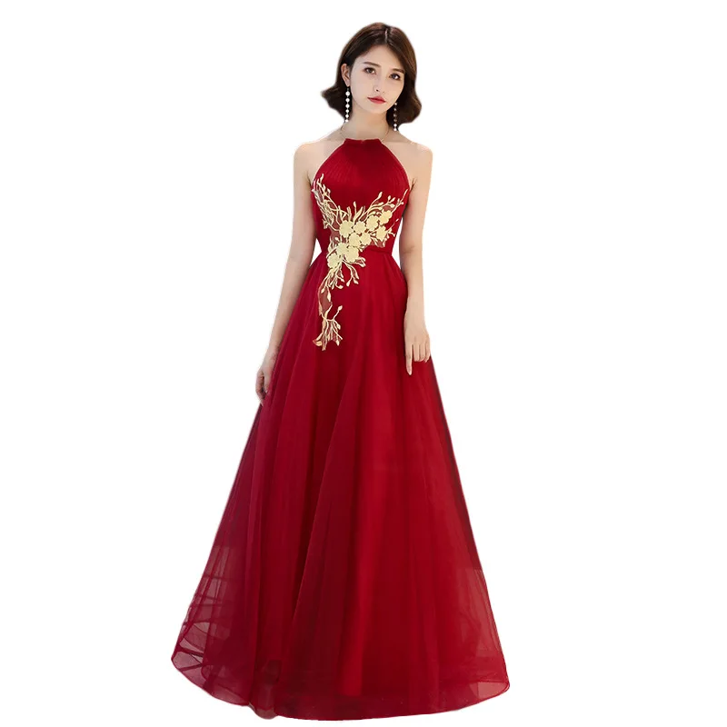 Bride Fairy Halter Prom Dresses Vestido Princess Burgundy Long A-line Tulle Ball Gown Formal Evening Party Robes Toast Clothing