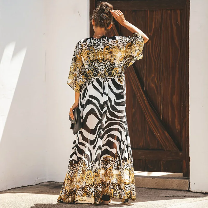 TEELYNN szyfonowa wzór w cętki kimono osłona do bikini up kobiety długa bluzka w stylu vintage luźna boho plaża nosić szata lato vestidos sarong