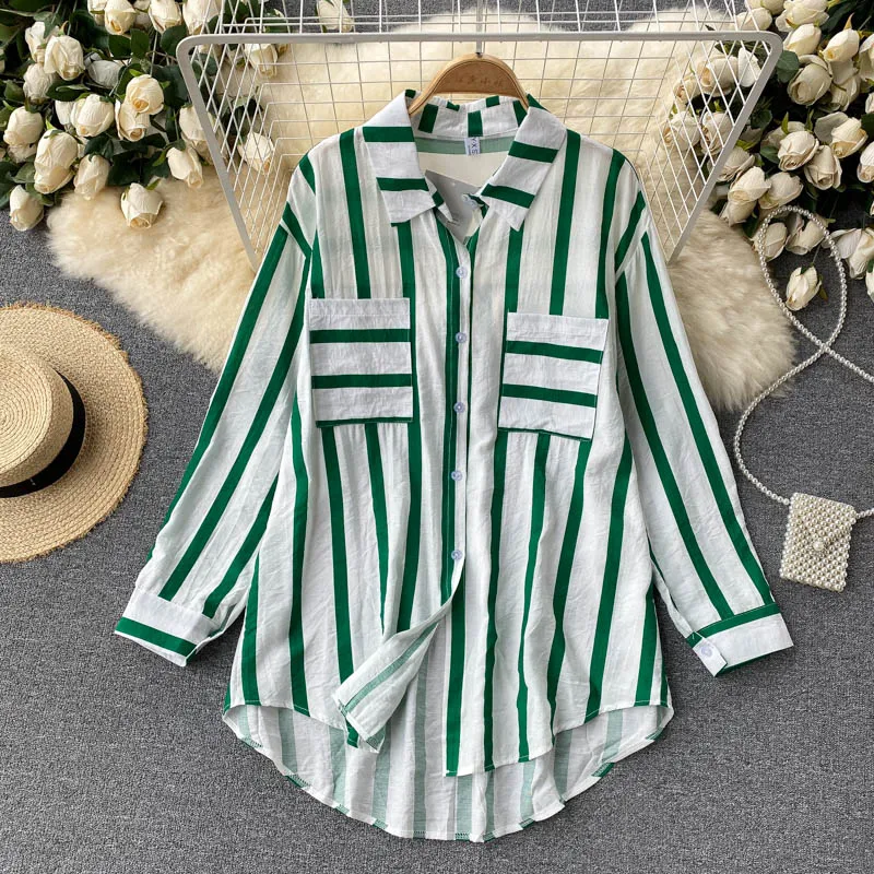 

2021 Autumn Women's Plaid Stripe Long Shirt New Design Long Shirt Elegant Office Work Ladies Long Shirt Blouse Casual Loose Top