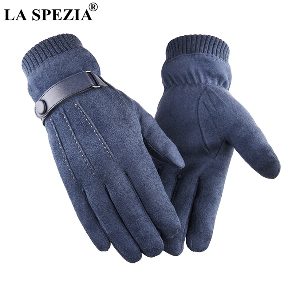 LA SPEZIA Men Gloves Winter Touch Screen Suede Gloves With Belt Navy Blue Casual Thermal Male Thick Leather Gloves Man Windproof