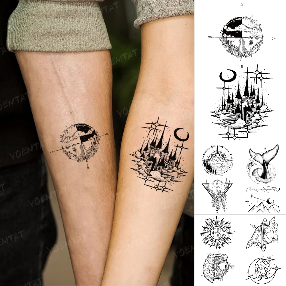 

Waterproof Temporary Tattoo Stickers Castle Earth Mountains Rivers Landscape Flash Tatto Body Art Small Fake Tattoos Men Women