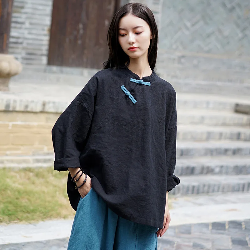 LZJN Long Sleeve Blouse 2020 Vintage Women Cotton Linen Shirt Traditional Chinese Blouses Stand Collar Frog Button Female Tops