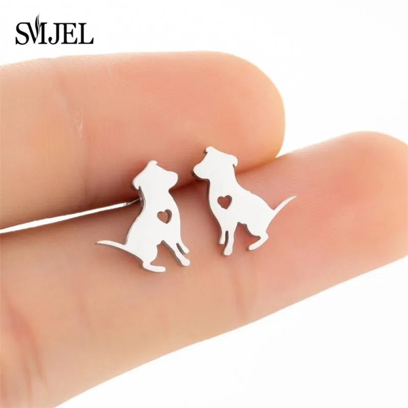 Cute Puppy Dog Stud Earrings for Women Chic Jewelry Love Heart Earrings Small Cartoon Animal Stainless Steel Black Studs