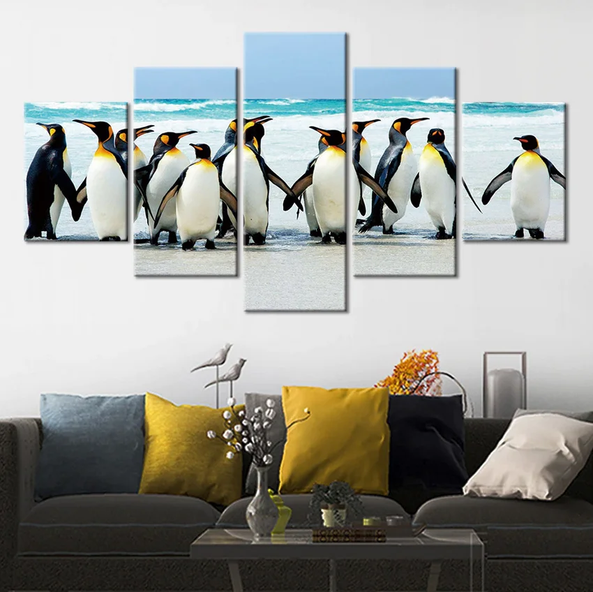 Penguins Poster Cool Feeling Fresh 5 Panel Canvas Picture Print Wall Art Canvas Painting Wall Decor for Living Room No Framed