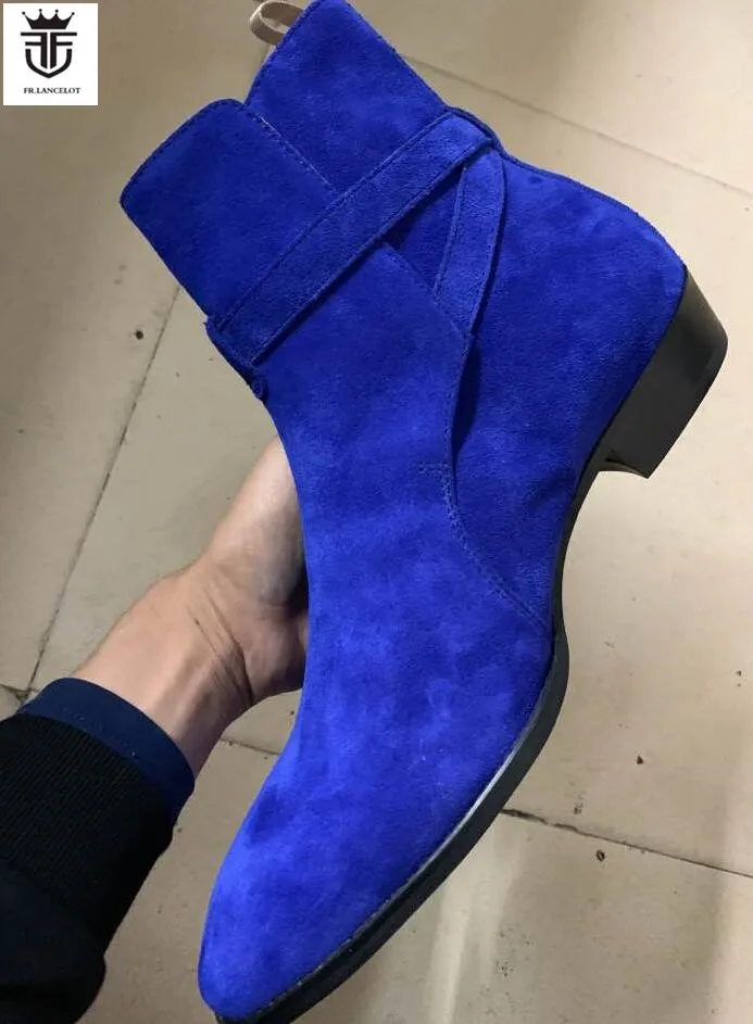 FR.LANCELOT 2020 New Chelsea boot royal blue suede boots point toe buckle ankle boots sliver buckle mujer botas party shoes men