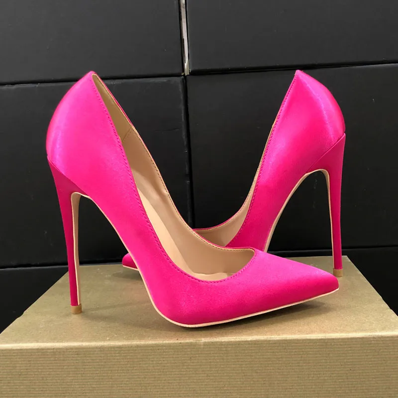 Tikicup Rose Roze Vrouwen Satijnen Stof Puntige Teen Hoge Hakken Dames Chic Stiletto Pompen Bruids Zijde Bruiloft Schoenen Plus Size