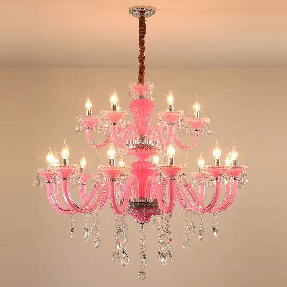 

Pink Crystal Living Room Candle Chandelier Girl Bedroom Glass Pendant Lamp Modern Dining Room Chain Hanging light