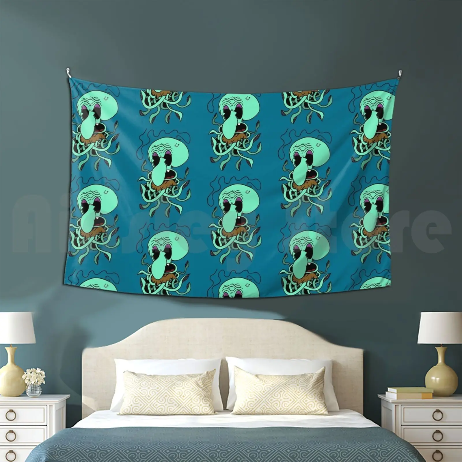 Tapestry Calsin Squid Hat Calsin Squid Cartoon Sea Ocean Fishing Catch Hook Tentacle Squidward