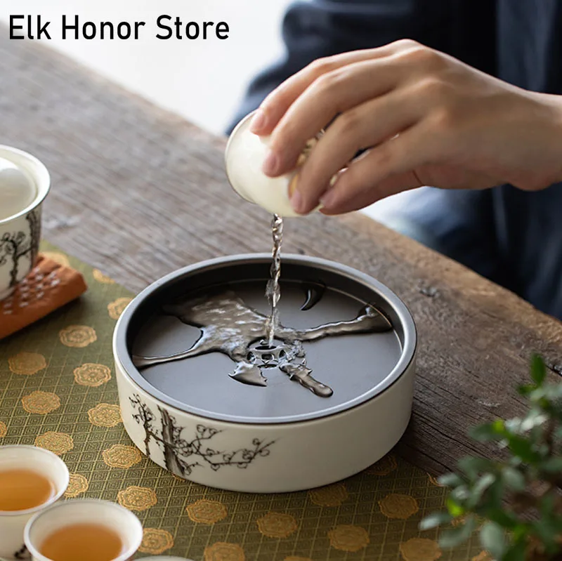 

Pure Hand-painted Ink Plum Blossom Pot Dry Soaking Table Ceramic Tea Washing Kungfu Tea Set Purple Sand Pot Raising Pot Seat Pot