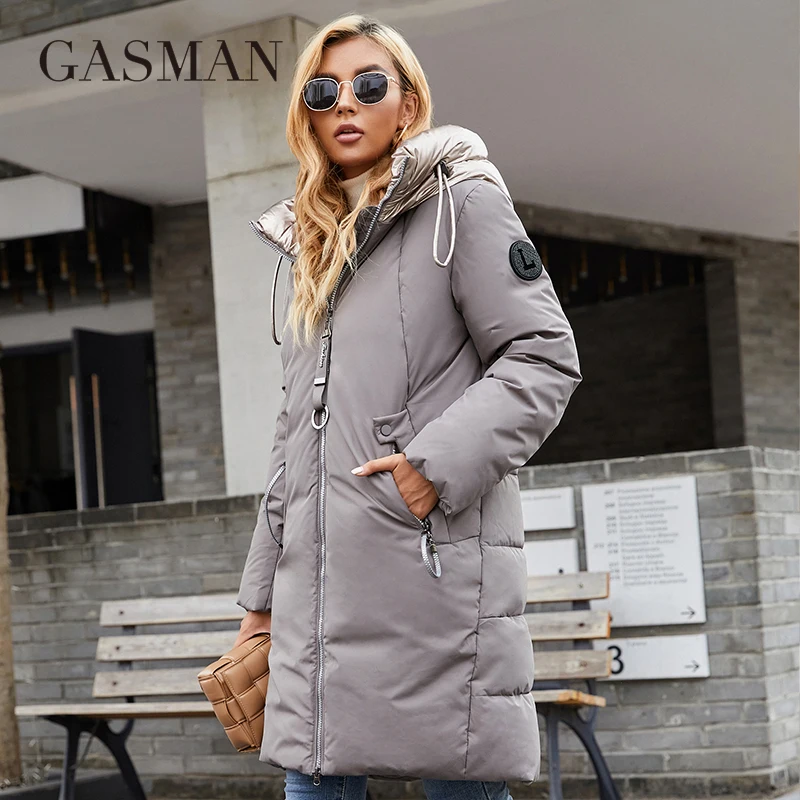 GASMAN-Chaqueta de invierno con capucha para mujer, abrigo de longitud media, cálido, a la moda, con cremallera, marca contrastante, 2022